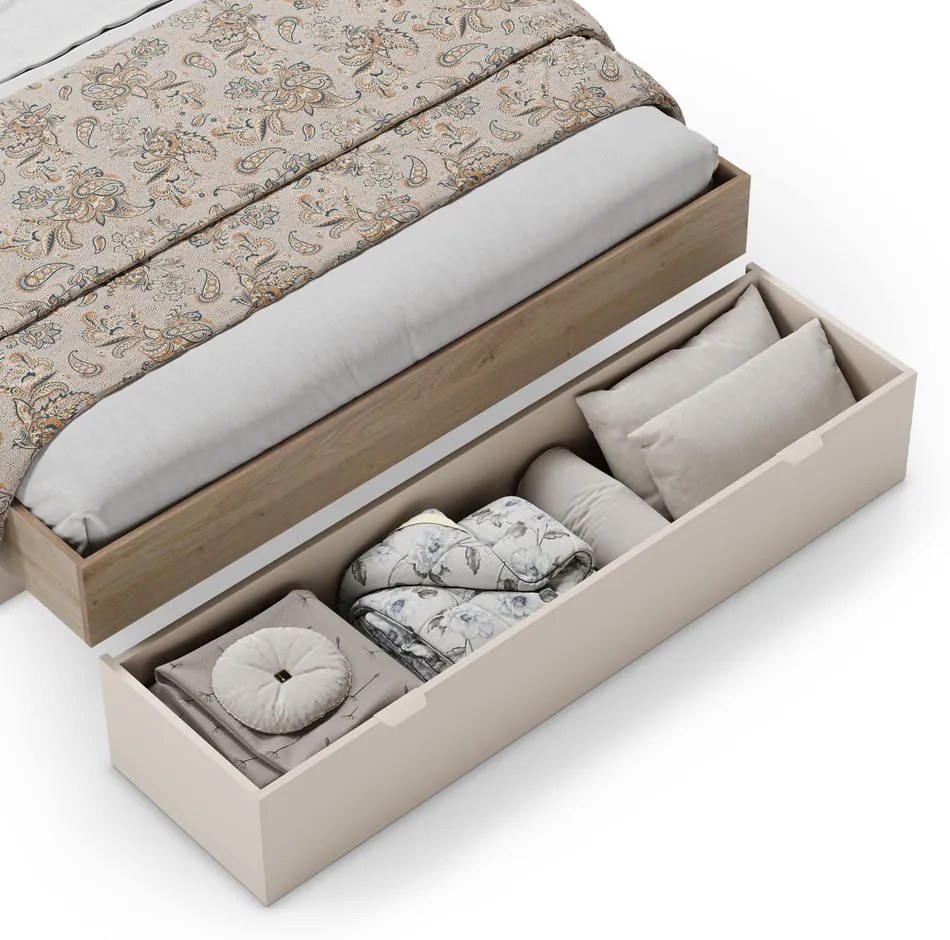 Pat matrimonial alb/în culoare naturală cu aspect de lemn de stejar cu spațiu de depozitare fără somieră 160x200 cm Albo – Marckeric