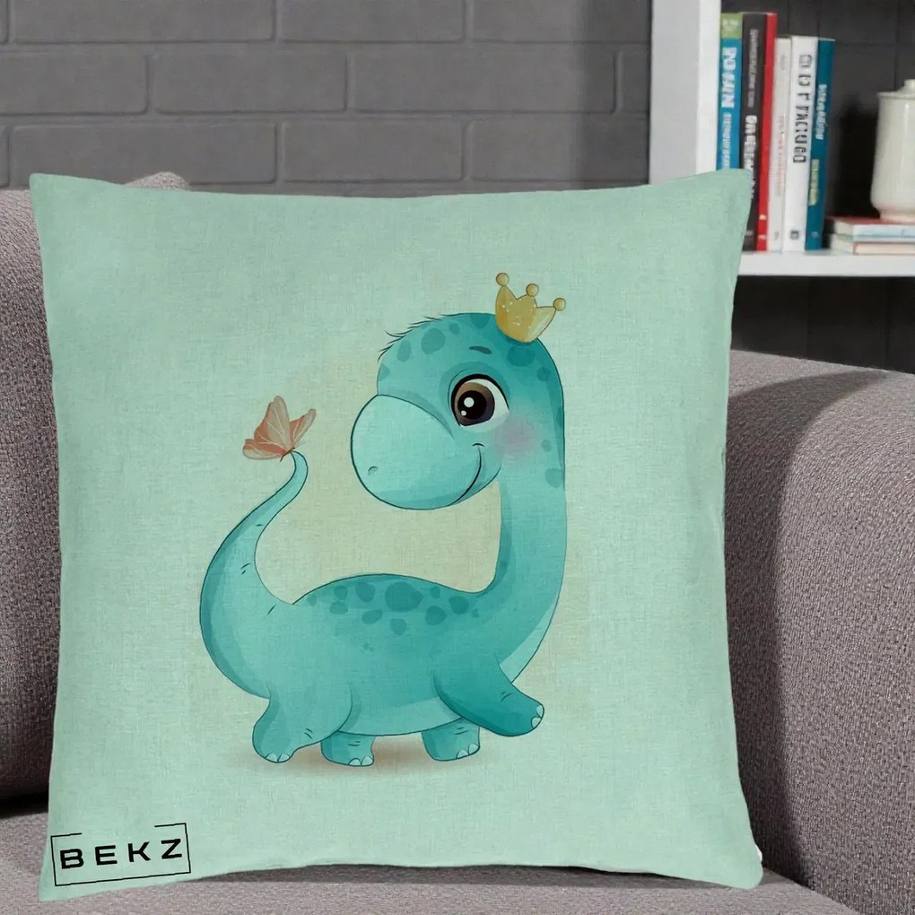 Perna Personalizata Dinozaur Bland Coroana Kawaii, 40x40 cm, Verde Menta, Husa Detasabila, Perna Inclusa, BEKZ®
