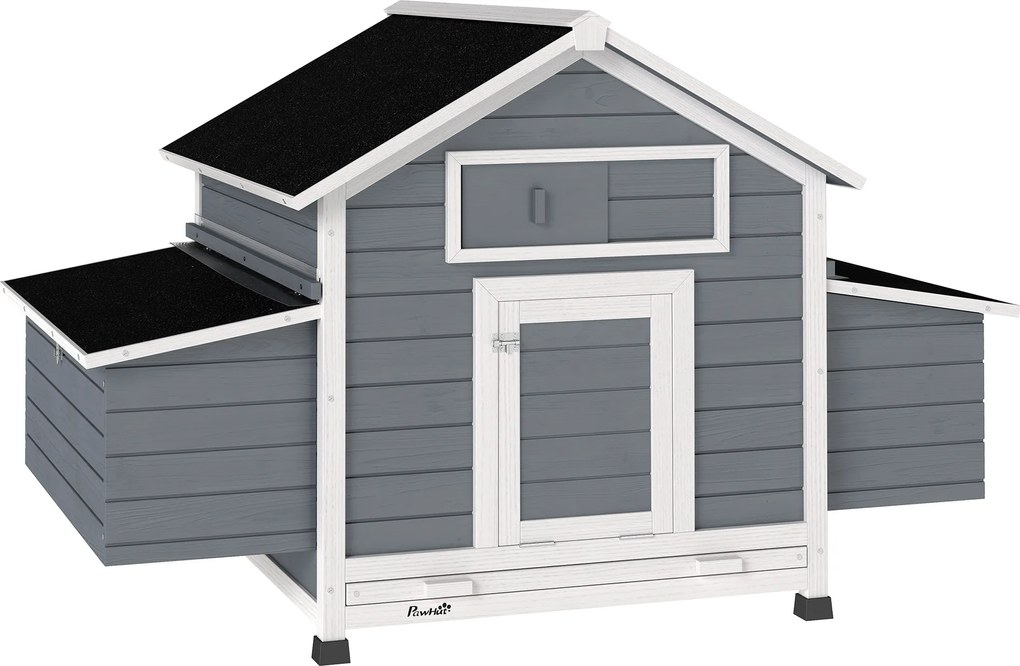 PawHut Coteț din Lemn cu 2 Cuiburi, Coteț Exterior pentru Găini cu Acoperiș Rezistent la Apă, Tavă Detașabilă și Prăjini, Adăpost pentru 2-4 Găini, Rațe, Grădină, 150x100x96,5 cm, Gri | Aosom Romania