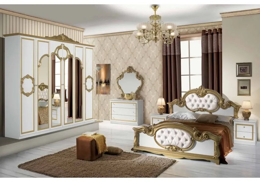 Dormitor Barocco, culoare alb / auriu, cu pat tapitat 160 x 200 cm, dulap cu 6 usi si oglinda, comoda, 2 noptiere (saltea si somiera incluse)