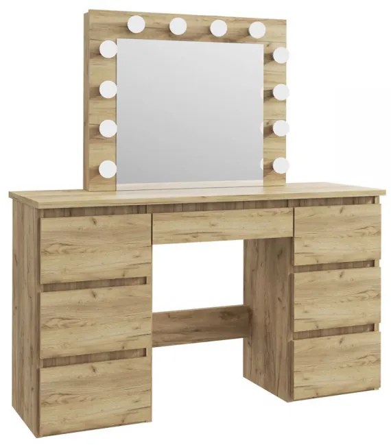 SEM508 - Set Masa toaleta, 120 cm, cosmetica machiaj, masuta vanity, oglinda cu LED-uri - Culoarea Stejar