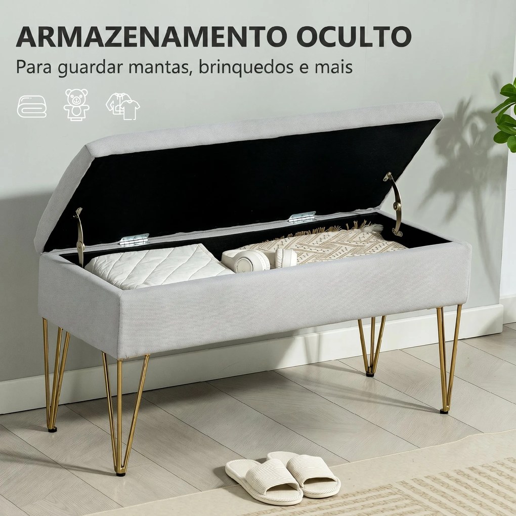 HOMCOM Bancă cu Depozitare din Material Textil și Picioare din Oțel, 100x40x49 cm, Gri Deschis | Aosom Romania