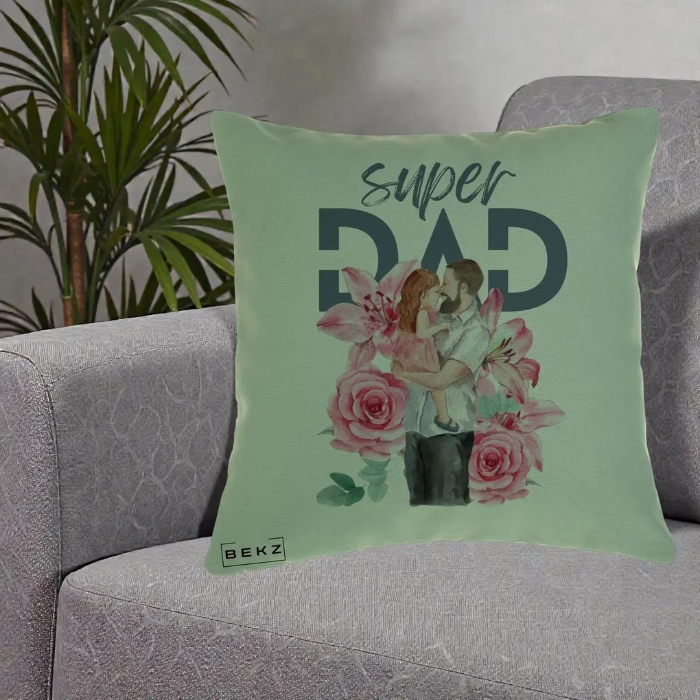 Cadou pentru Tata - Perna Personalizata Super Dad Tata cu Fetita si Flori, 40x40 cm, Verde, Husa Detasabila, Perna Inclusa, BEKZ®