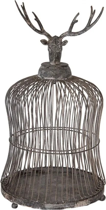 Colivie decorativă din metal cu motiv cerb, finisaj gri antichizat, Ø26x50 cm