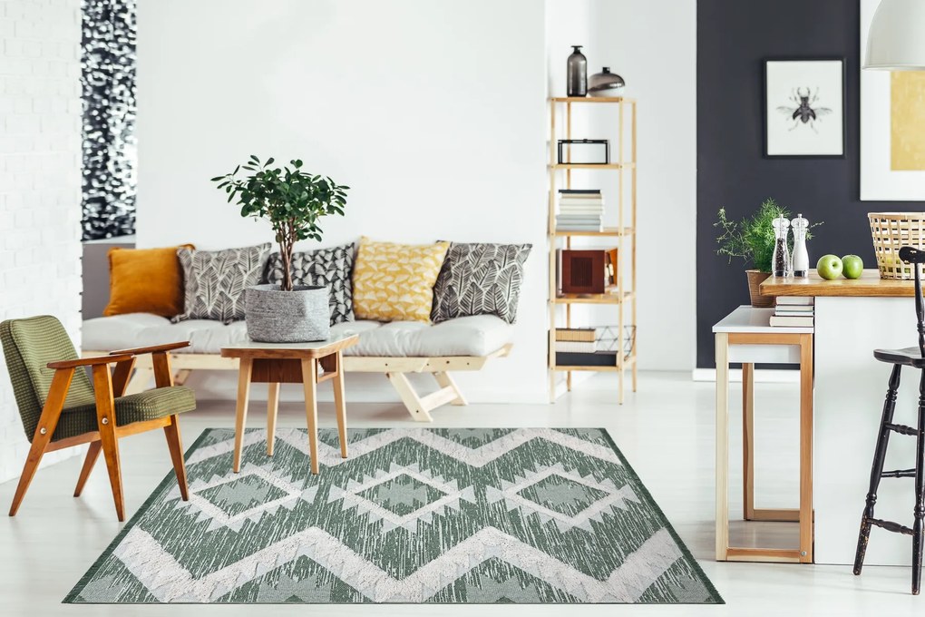 Covor ECO SISAL BOHO MOROC Caro 22312 franjuri - două niveluri de lână verde / cremă, covor reciclat