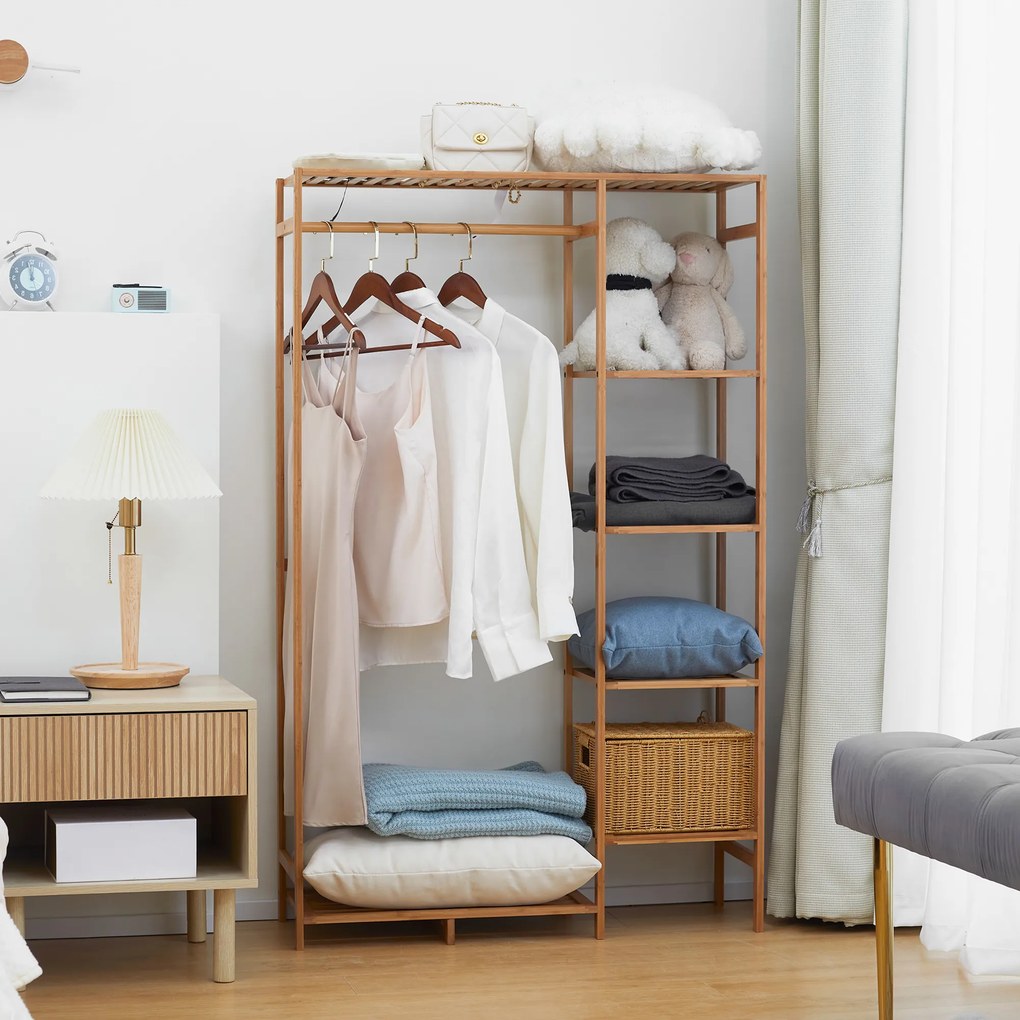 HOMCOM Suport pentru Haine din Bambus cu Rafturi pe 6 Niveluri și Bară pentru Haine, Stender pentru Dormitor și Hol, Design Modern, 90x30x145 cm, Lemn Natural | Aosom Romania