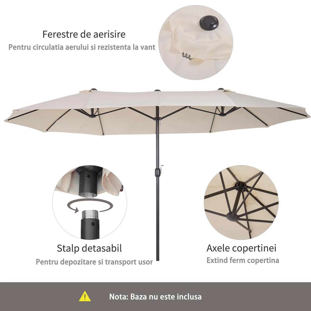 Umbrela de Gradina Impermeabila Outsunny, 12 nervuri metalice Anti-UV Bej, 460x270x240cm | Aosom RO