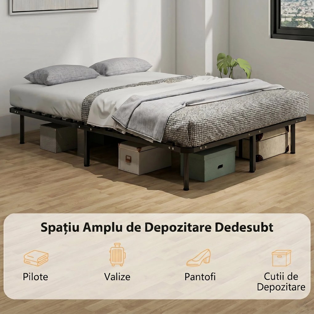 HOMCOM Pat Dublu Industrial cu 28 de Lamele și Spațiu de Depozitare, din Lemn și Oțel, 190x140x31 cm, Negru și Lemn Natur | Aosom Romania