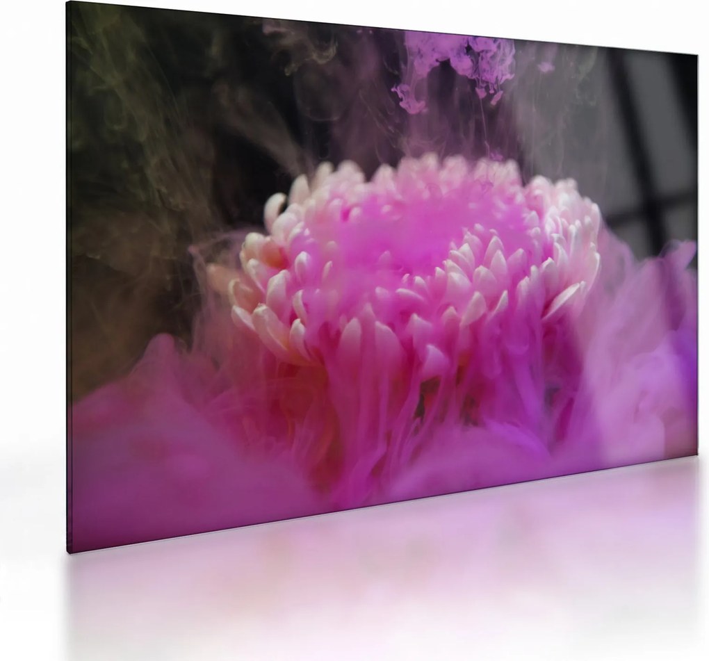 Tablou pe sticlă cu floare în fum roz (70x50 cm)