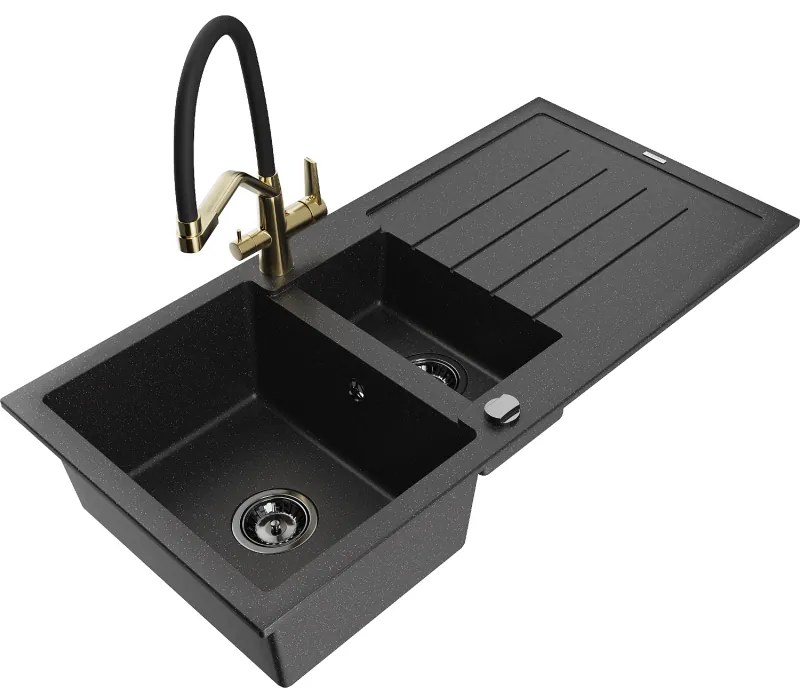 Mexen Andres chiuvetă de bucătărie din granit cu 1,5 compartimente, cu scurgător și baterie Duo, negru/argintiu