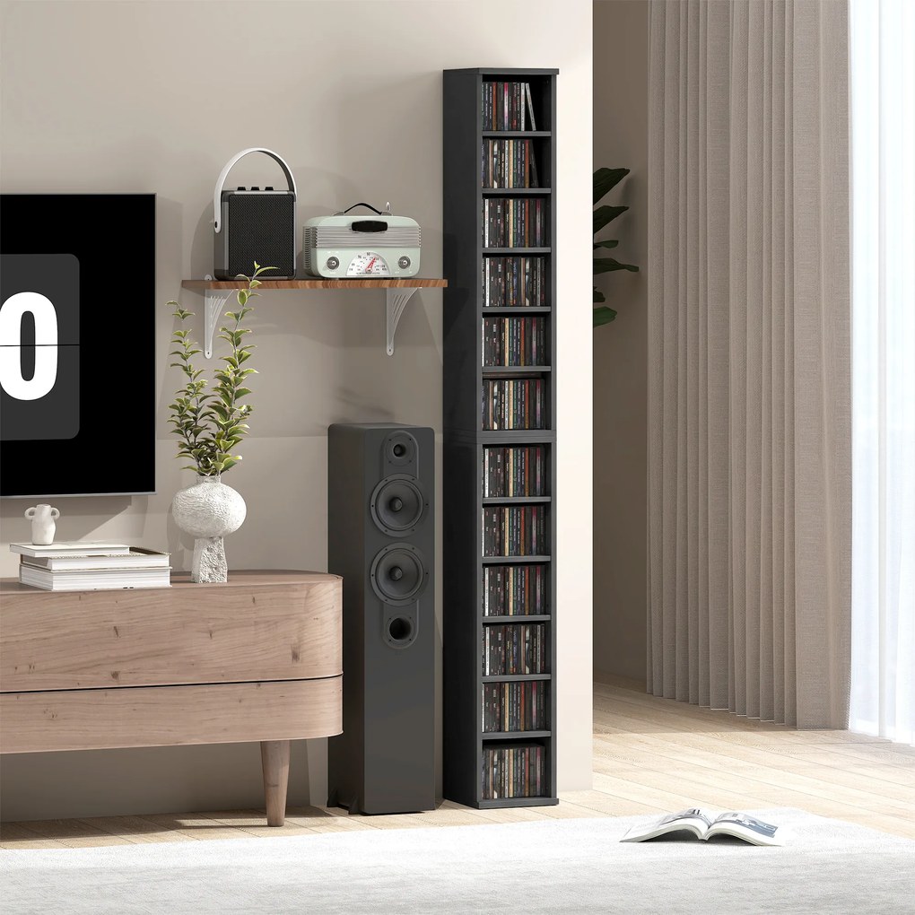 HOMCOM Set de 2 rafturi coloane dulap de depozitare CD-DVD 12 compartimente 21 x 22,5 x 88,5 cm capacitate 204 CD-uri negru | Aosom Romania