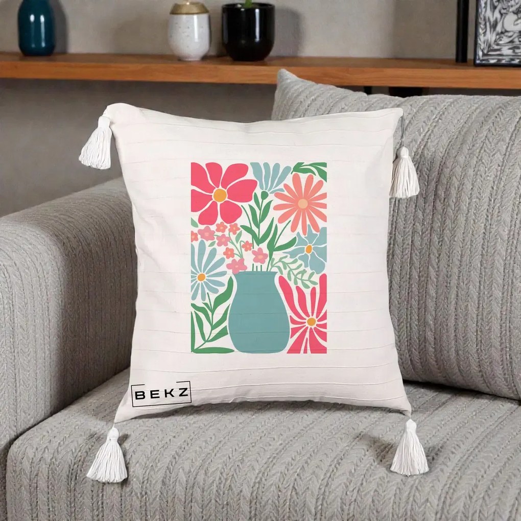 Perna Decorativa Flori in Vaza Turcoaz, 40x40 cm, Bej cu Franjuri, Husa Detasabila, Perna Inclusa, BEKZ®