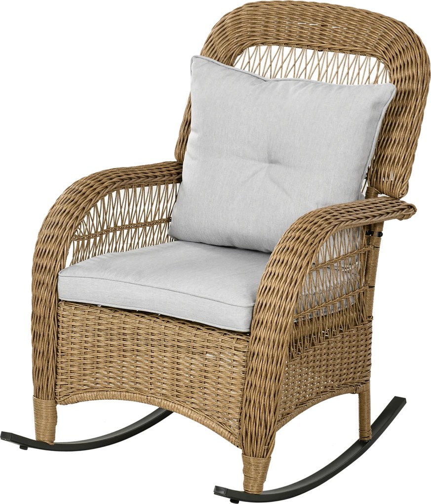 Outsunny fotoliu-balansoar în stil boho, PE-rattan, fotoliu-balansoar din rattan, huse perne lavabile, Natural + Gri deschis | Aosom Romania