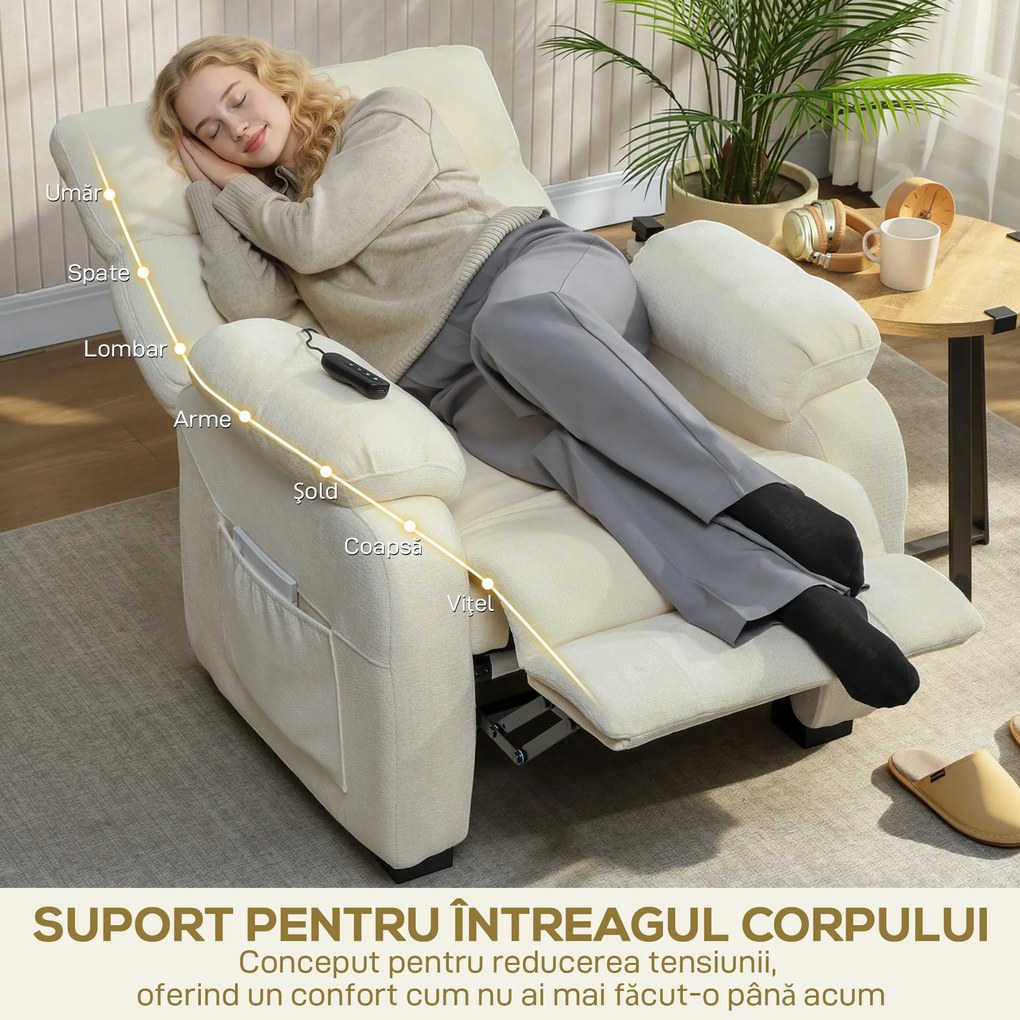 HOMCOM Fotoliu Relax Electric Reclinabil 150° cu Suport pentru Picioare, Șezut Spațios, Fotoliu Silențios, Port USB, Funcție Memory, Telecomandă, din Catifea, pentru Living, Alb | Aosom Romania
