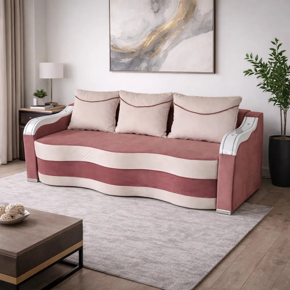 Canapea DIANA extensibila, 3 locuri, cu lada de depozitare, catifea crem cu roz, 220x100x85 Roz + Crem, Catifea