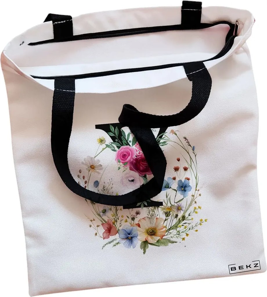 Sacosa de Panza pentru Cumparaturi, Geanta Tote, Cu litera Y in Coronita Florala, Cu fermoar, 38x34.5 cm, Alba, BEKZ®