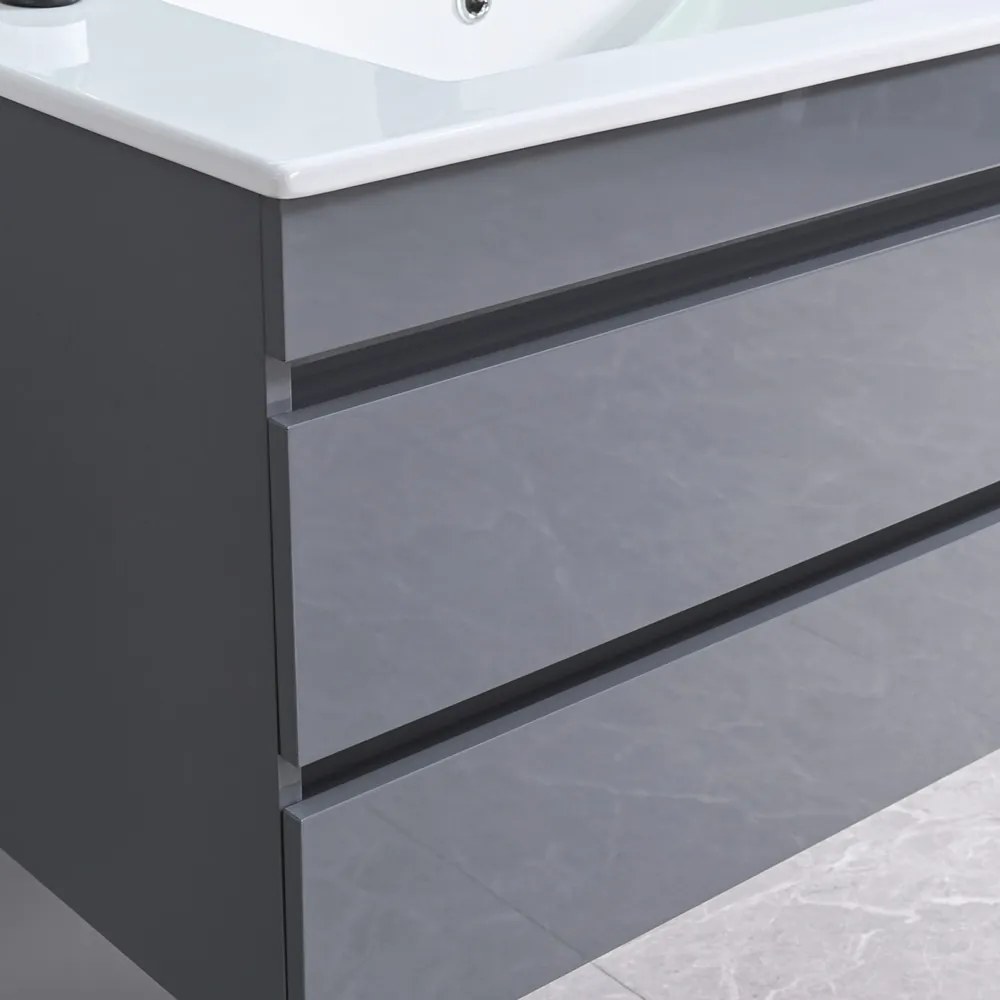 Mobilier de baie Cube, chiuvetă ceramică 80 cm, oglindă cu 2 sertare, 60x80 cm, gri antracit