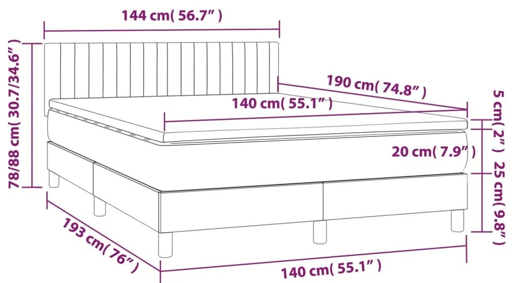 Pat box spring cu saltea, maro inchis, 140x200 cm, textil Maro inchis, 140 x 190 cm, Benzi verticale