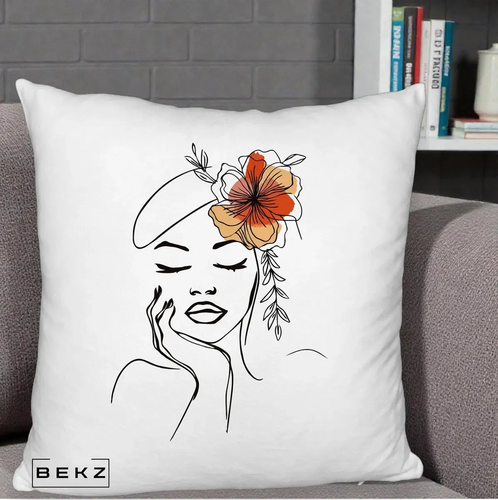 Perna Decorativa Portret Feminin Flori Palarie, 40x40 cm, Alb Pufos, Husa Detasabila, Perna Inclusa, BEKZ®