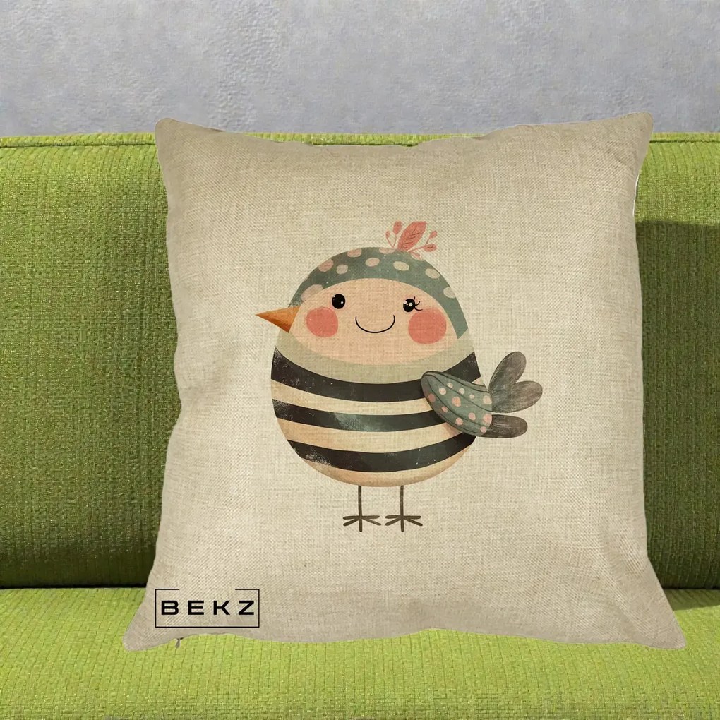 Perna Decorativa Pui Kawaii Teal cu Flori, 40x40 cm, Crem, Husa Detasabila, Perna Inclusa, BEKZ®