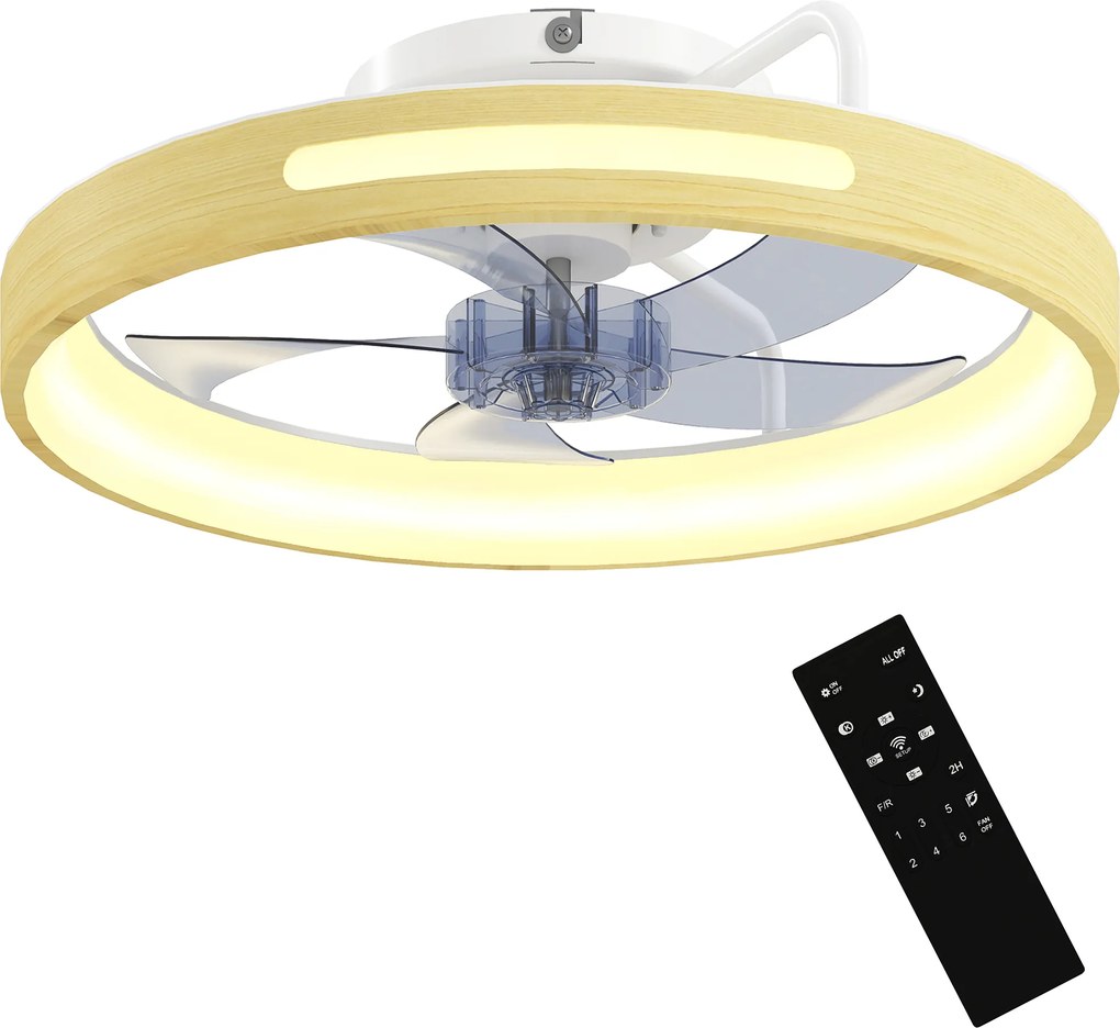 HOMCOM Ventilator de tavan cu lumină LED 40 W Motor DC reversibil Telecomandă 6 viteze 3 culori Temporizator Lemn Natural | Aosom Romania