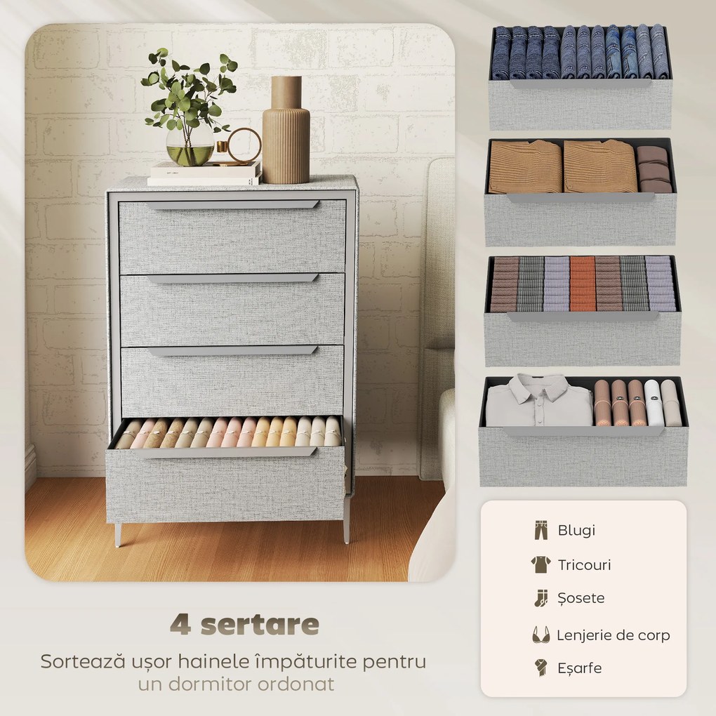 HOMCOM Comoda cu 4 Sertare în Oțel cu Acoperire în Țesut cu Efect de In, 60x36x88 cm, Gri | Aosom Romania
