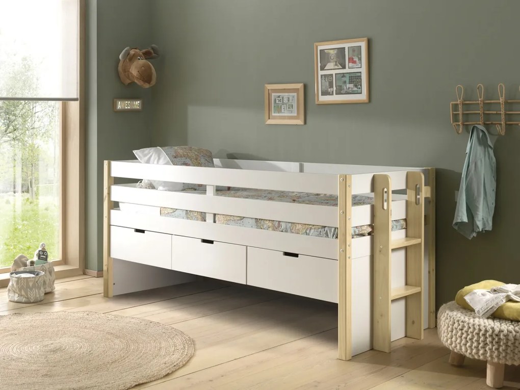 Pat pentru copii MARGRIT, 90 x 200 cm, alb cu tonuri naturale, cu 3 sertare și pat trundle pentru dormit sau depozitare – Vipack