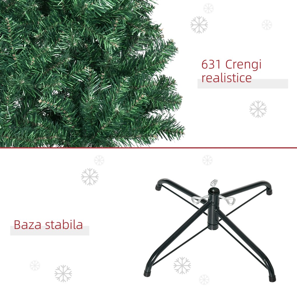 Brad de Craciun Artificial 210cm 631 Ramuri Dese din PVC ecologic, Baza Ф50, Verde, Decoratiune de Craciun HOMCOM | Aosom Romania