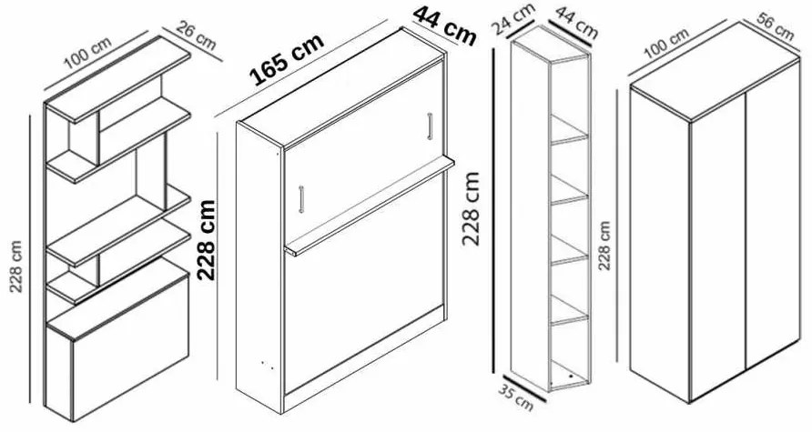 Set pat rabatabil dublu cu somiera inclusa, dulap Acordeon (100), Canapea cu otoman si Biblioteci - ROYAL FULL SET (150X200 (Culoare tapiterie stofa