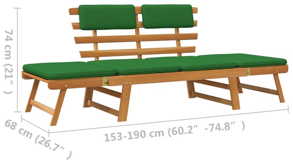 Banca de gradina cu perne 2-in-1, 190 cm, lemn masiv de acacia 1, maro si verde, 1