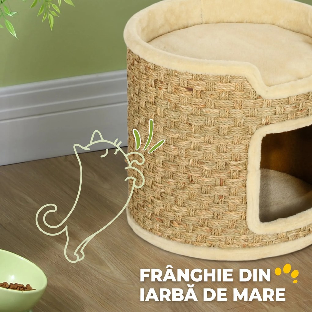PawHut Ansamblu de Zgâriat pentru Pisici, 37 cm, 2 Niveluri, cu Ascunzătoare și Sfoară din Sisal, până la 5 kg, Kaki | Aosom Romania