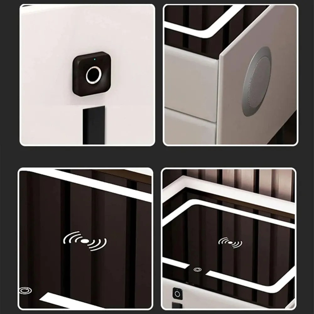 Noptieră inteligentă multifuncțională, 3 sertare, blocare cu amprentă, LED-uri tactile, 3 tipuri de culoare, încărcare fără fir, Difuzor Bluetooth, incarcare USB, sticla securizata, Alb