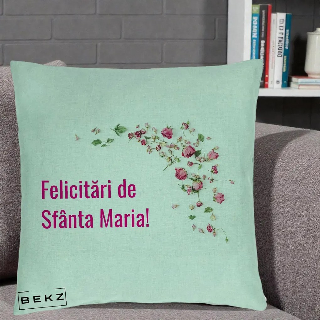 Cadou de Onomastica - Perna Personalizata Felicitari de Sfanta Maria, 40x40 cm, Verde Menta, Husa Detasabila, Perna Inclusa, BEKZ®