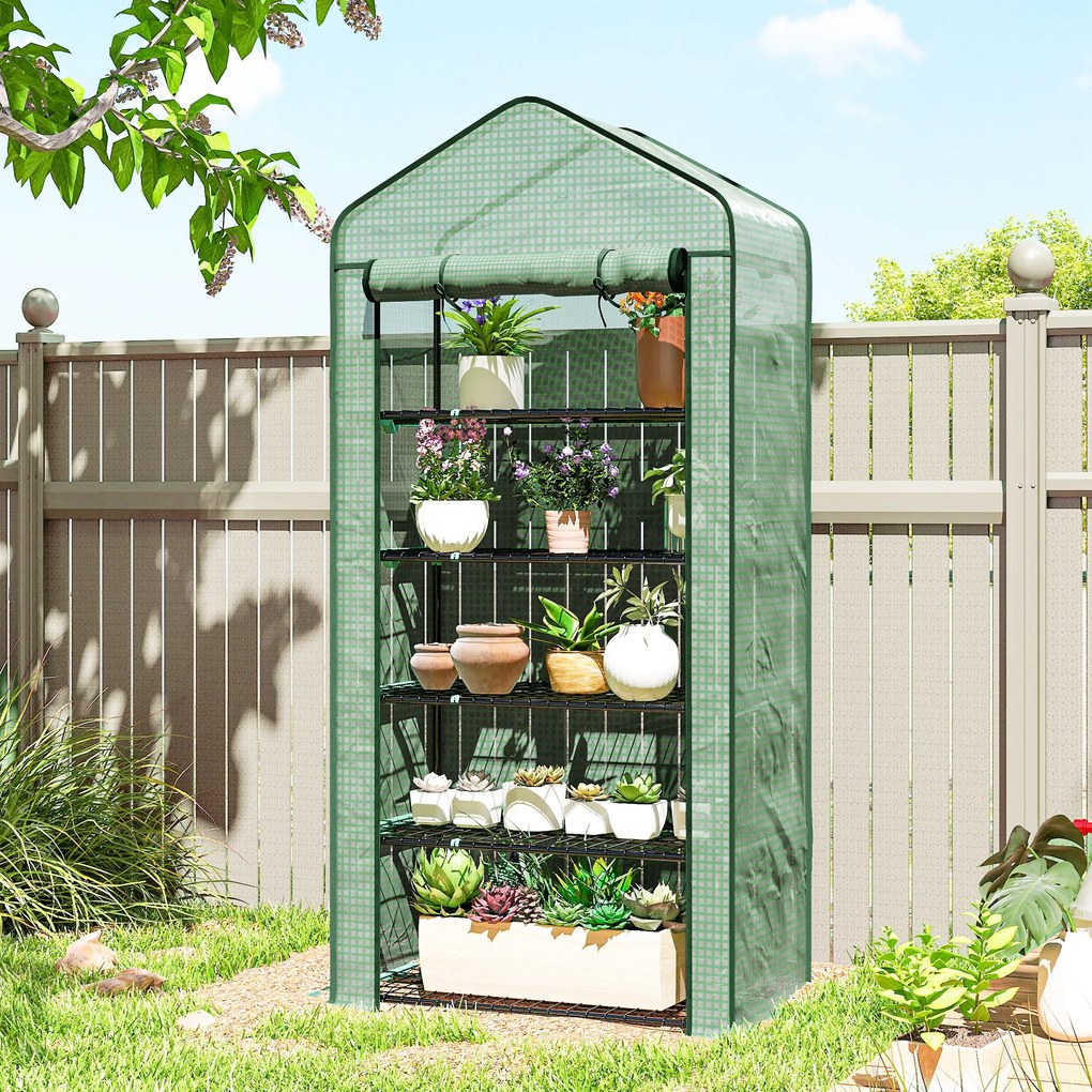 Outsunny Seră Mini pe 5 Niveluri cu Husă Ranforsată, Seră Portabilă cu Ușă Rulabilă și Rafturi de Sârmă, 193x90x49 cm, Verde | Aosom Romania