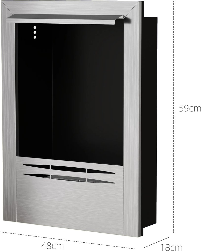HOMCOM Șemineu pe Bioetanol de Perete cu Arzător 0,9L pentru Durată 3,3 Ore și Acoperire 20m², 48x18x59 cm, Argintiu | Aosom Romania