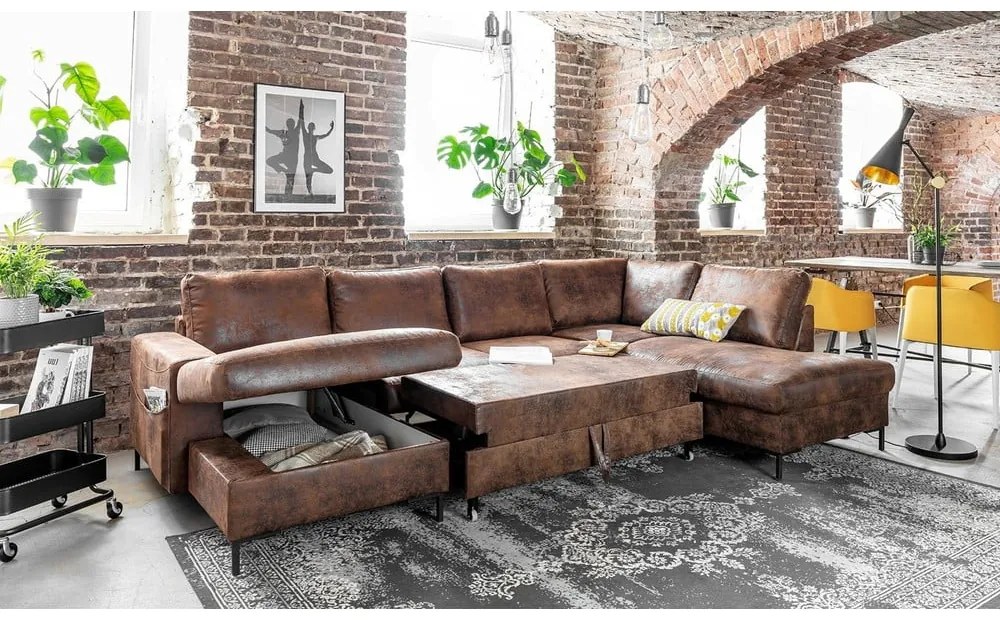 Canapea extensibilă în formă de „U” din imitație de piele cu șezlong pe partea dreaptă Miuform Lofty Lilly Vintage, maro