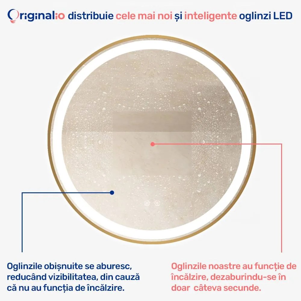 Oglindă LED Rotundă (Diametru 70 cm), 3 Moduri Iluminare (Lumină Rece, Naturală, Caldă), Intensitate Reglabilă, Funcție Dezaburire, Ramă Aluminiu, Control Tactil (Touch)