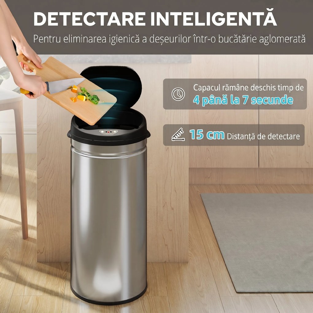 Coș de gunoi HOMCOM de 42L cu Senzor de Mișcare și Deschidere Automată, din Oțel Inoxidabil și ABS, 30.5x30.5x68 cm, Negru și Argintiu | Aosom Romania