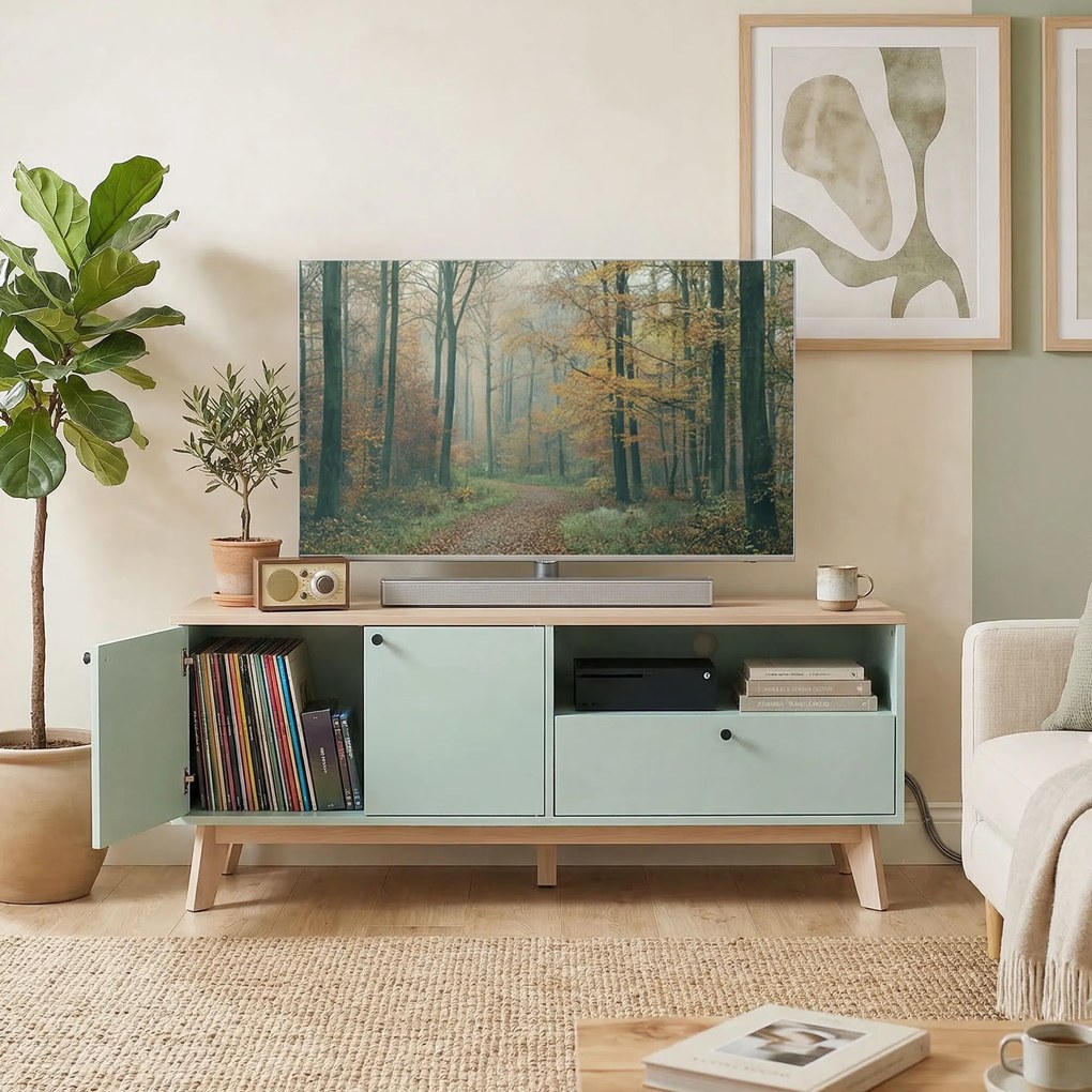 HOMCOM Comodă TV 120 cm, corp TV pentru televizoare până la 91,4 cm cu 2 uși, sertar, compartiment deschis, verde deschis | Aosom Romania