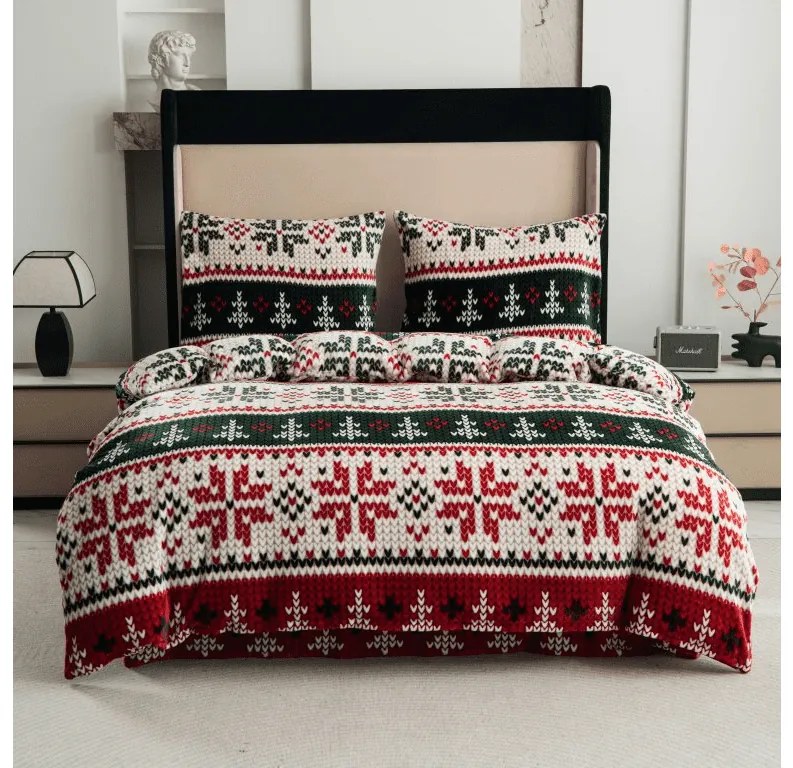 Set lenjerie cocolino FROSTED CHRISTMAS colorate + cearsaf Cocolino microplus cu elastic SOFT 180x200 cm alb, pat dublu