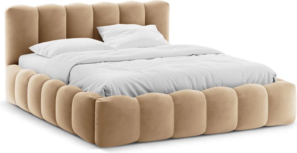 Pat tapitat cu somiera rabatabila si lada depozitare, 140x200 cm, Micadoni Home, Lupine-88, catifea, bej sand