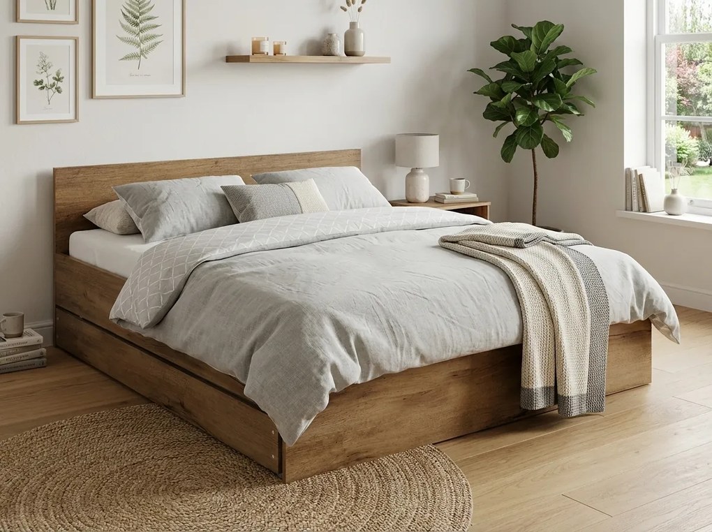 Pat ELISA 140 x 200 cm, stejar artisan Saltele: Saltea Sommera 18 cm, Somiera pat: Cu lamele drepte