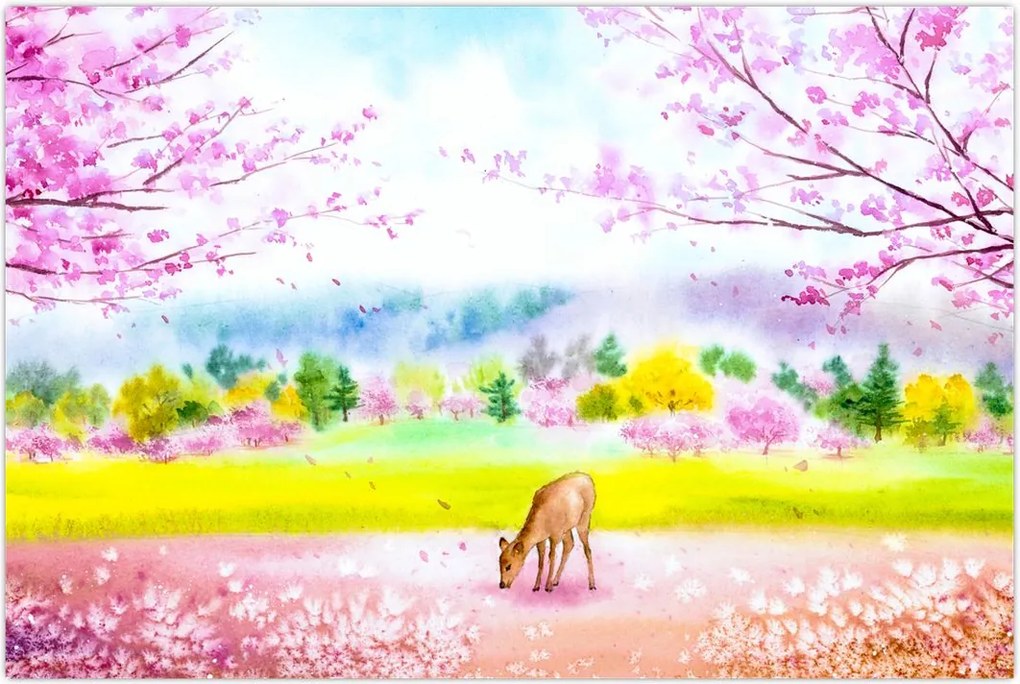 Tablou - Căprioară pictată, acuarelă (90x60 cm)