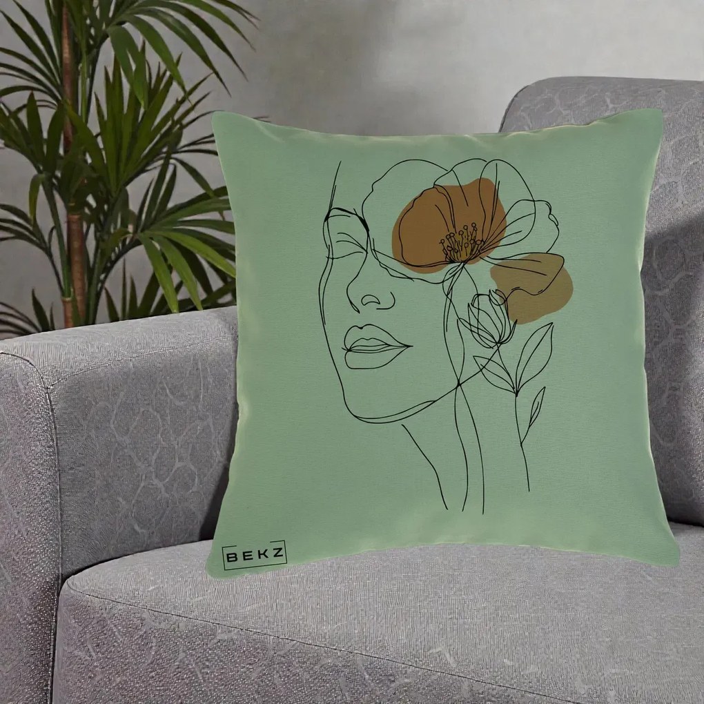 Perna Decorativa Portret Feminin Mac Profilat, 40x40 cm, Verde, Husa Detasabila, Perna Inclusa, BEKZ®