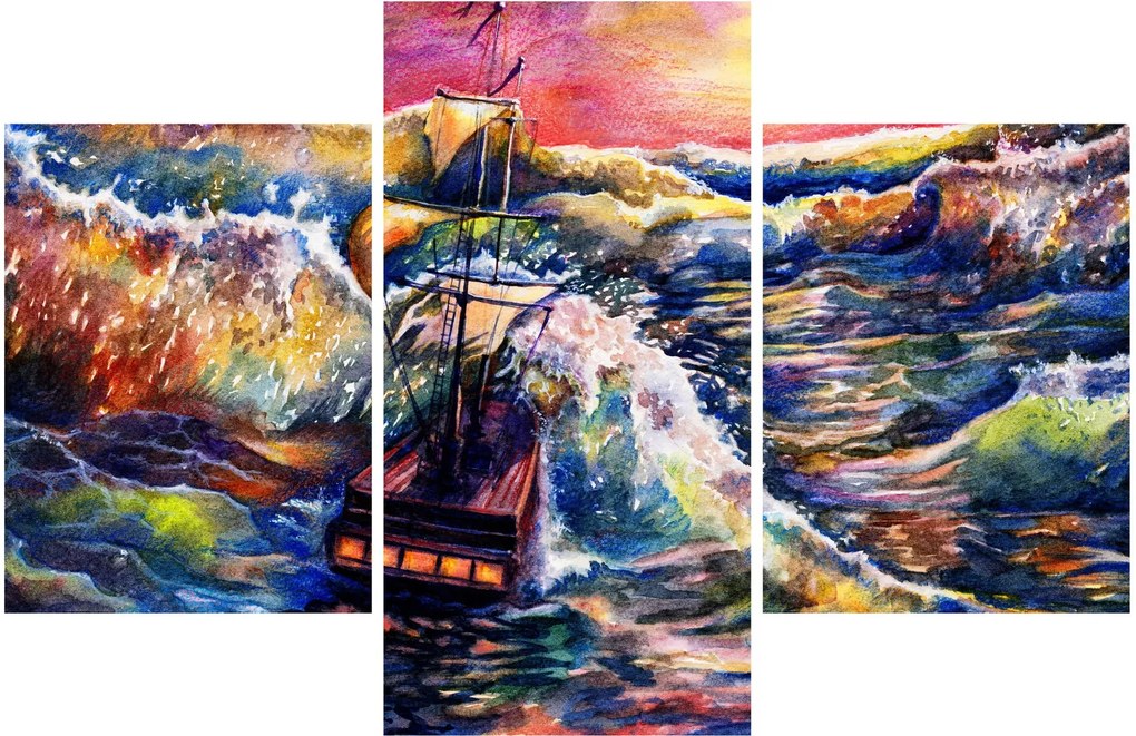 Tablou - Navă pe valurile oceanului, aquarelă (90x60 cm)