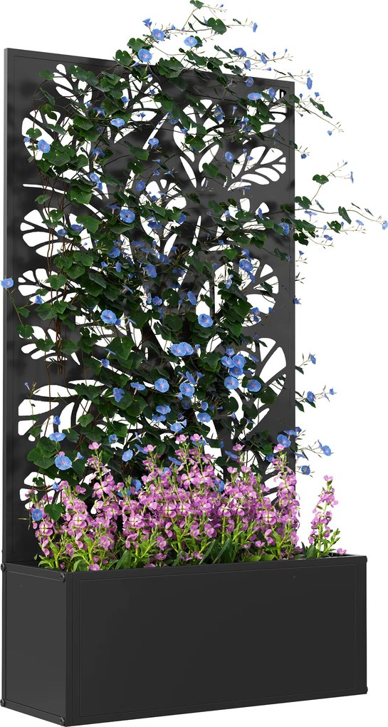 Outsunny Jardinieră cu spalier cu model crenguțe și frunze, cuvă pentru flori, pentru plante cățărătoare, metal 61 x 23 x 113 cm negru | Aosom Romania