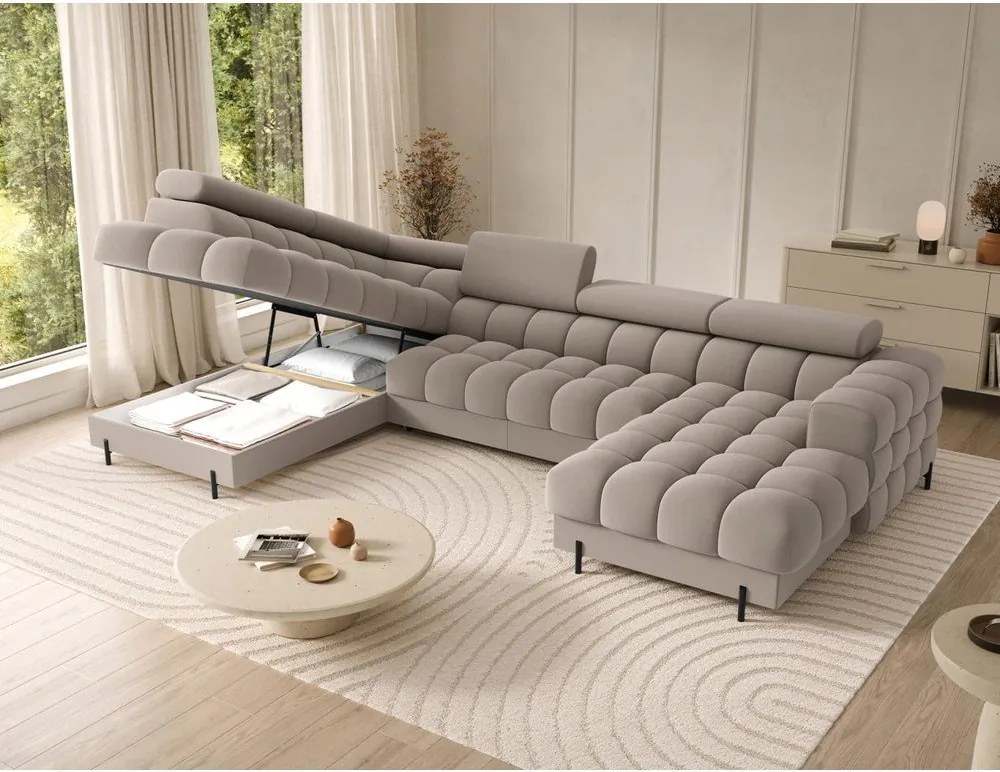 Colțar maro deschis extensibil cu tapițerie din catifea (cu colț pe partea stângă/în formă de "U") Feraria – ELTAP