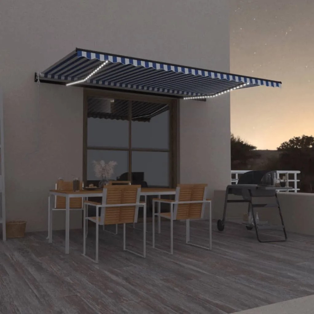vidaXL Copertină automată cu senzor vânt&amp;LED, albastru/alb 500x300 cm