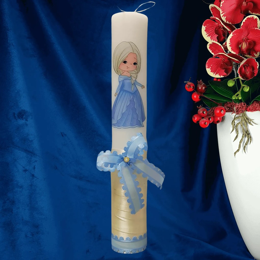 Lumanare botez decorata Printesa alb albastra 4,5 cm, 30 cm