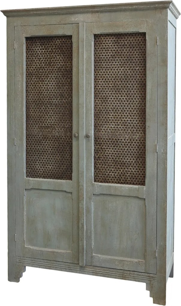 Dulap vintage din lemn, verde, cu 2 uși traforate, 2 rafturi și picioare în trepte, finisaj antichizat, 184 x 113,5 x 44,5 cm, „Antique Opal”